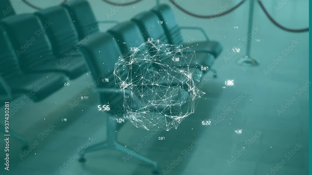 Aufkleber network of connections and data points animation over empty airport chairs