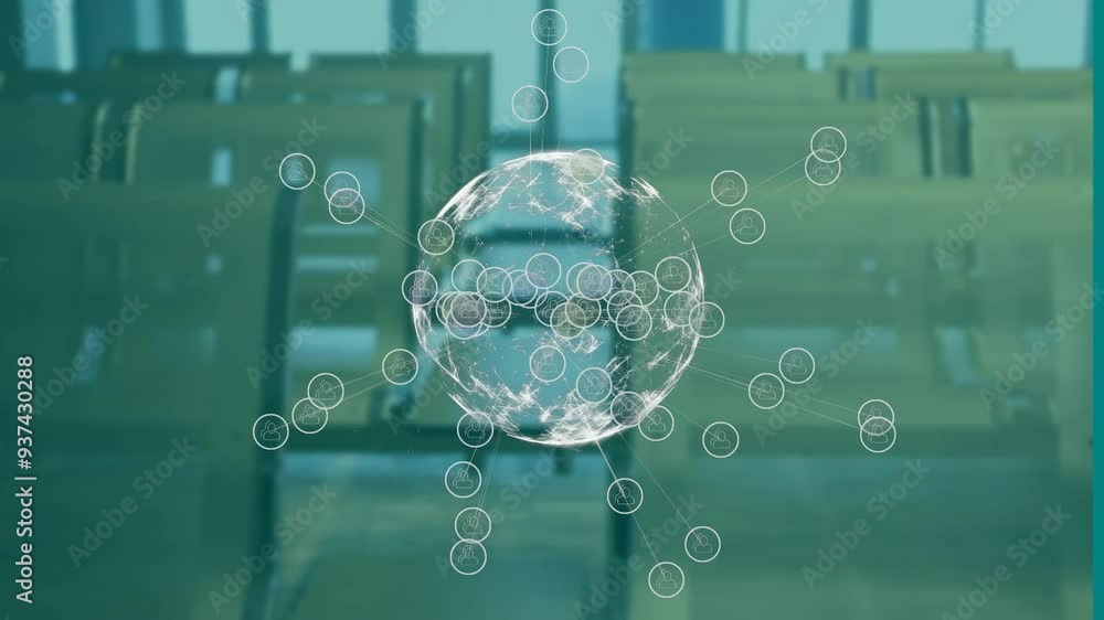 Poster global network connections animation over empty classroom with desks and chairs
