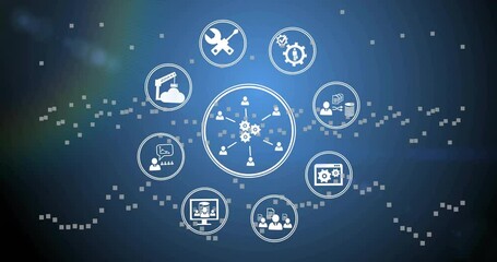 Animation of interconnected icons representing various business tools and processes