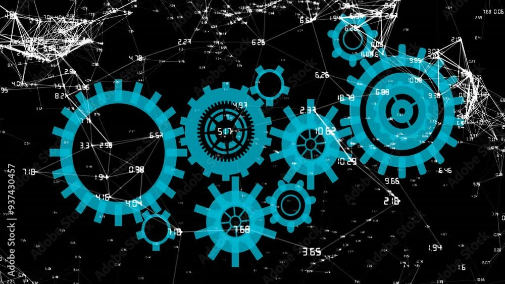 Poster rotating blue gears animation over network of connections and data points