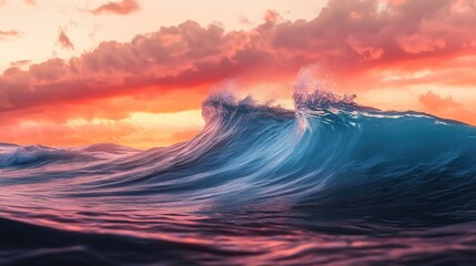 Obraz premium Towering ocean wave with dynamic motion blur, crashing with turbulent surf under a colorful sunset sky in reds, oranges, and blue