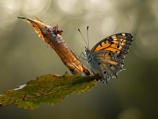 Obraz premium A newly emerged butterfly perches on a leaf next to its chrysalis, with soft sunlight filtering through the foliage.
