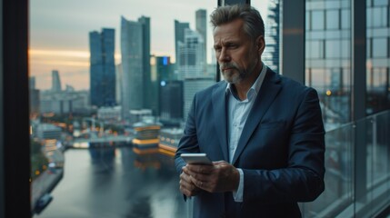Fototapeta premium Corporate Command: Dressed sharply in a navy blue suit, a middle-aged man stands by an office window overlooking the city. Holding a phone and tablet, he projects professionalism. 
