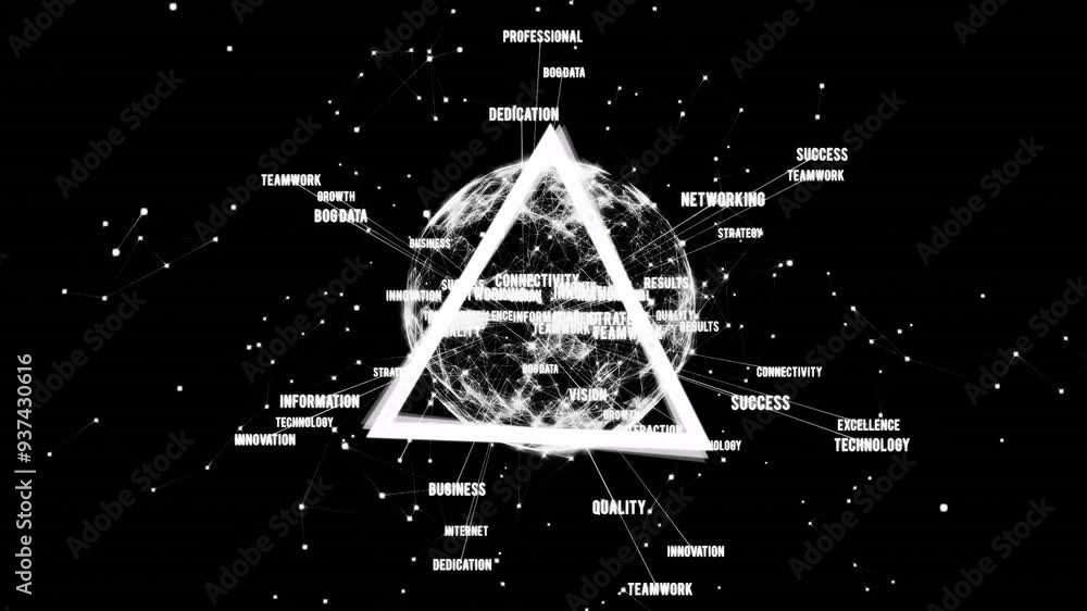 Poster networking and technology keywords animation over globe with triangular shapes