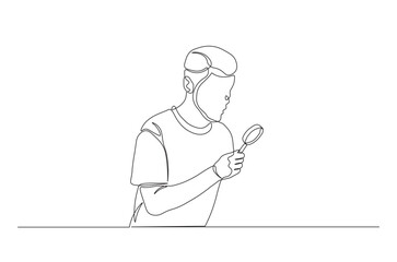Men holding magnifying glass continuous one line drawing. Man holds magnifying glass single line art illustration. Editable vector.