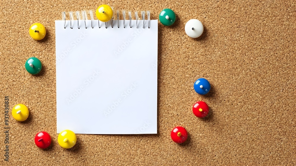 Poster a photograph of a blank poster pinned on a corkboard with colorful pushpins surrounding it leaving a