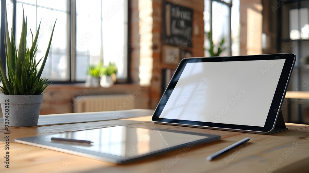 Poster a clean empty digital tablet screen with a stylus placed nearby on a modern minimalist workspace lea