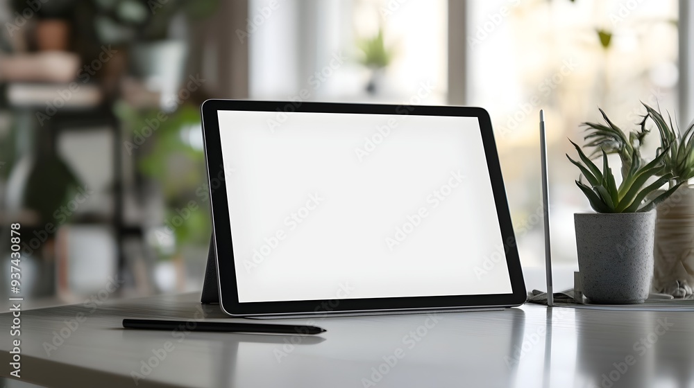 Poster a clean empty digital tablet screen with a stylus placed nearby on a modern minimalist workspace set