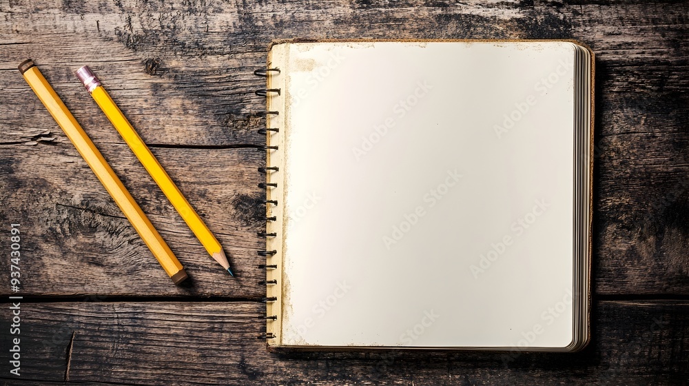 Poster a tranquil still life scene featuring a blank notebook and a pencil lying on a wooden desktop creati