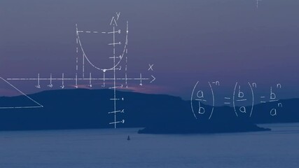 Mathematical equations and graphs animation over serene coastal landscape at dusk - Powered by Adobe