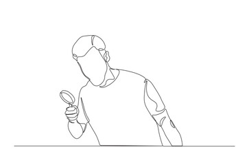 Men holding magnifying glass continuous one line drawing. Man holds magnifying glass single line art illustration. Editable vector.