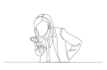 Woman holding magnifying glass continuous one line drawing. Looking something with magnifying glass single line art illustration. Editable vector.
