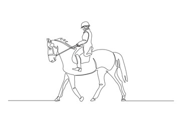 Woman riding horse continuous one line drawing. Equestrian in action single line art illustration. Editable vector.
