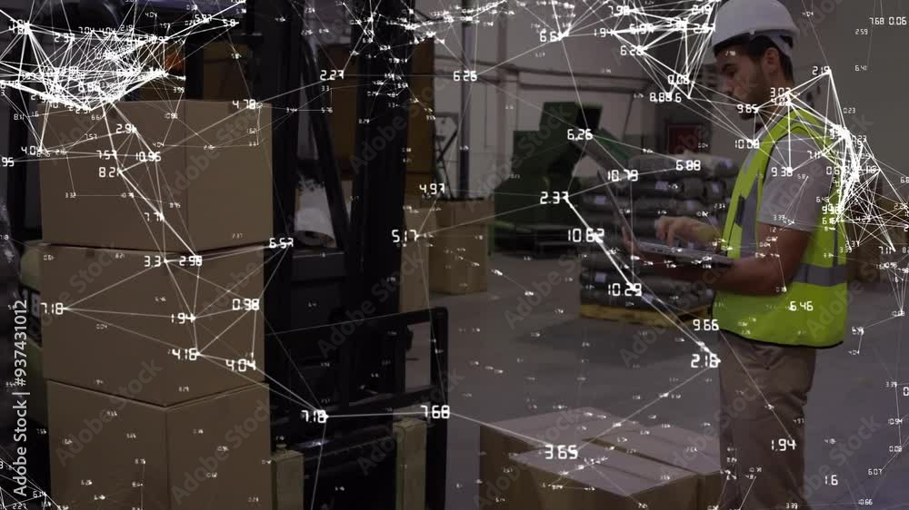 Poster Warehouse worker using clipboard, animated network of connections and data processing