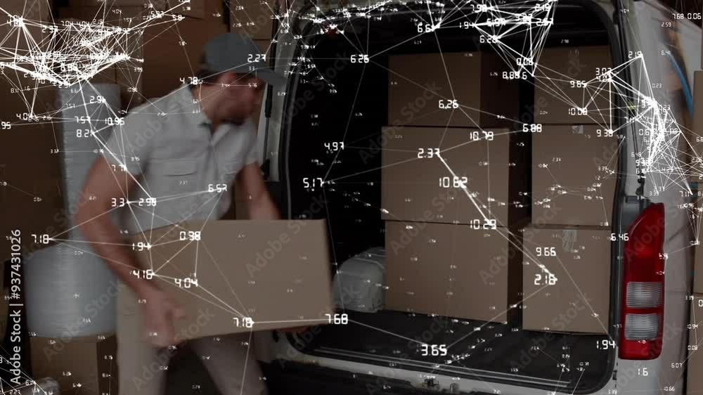 Poster loading boxes into van, man surrounded by network connections animation