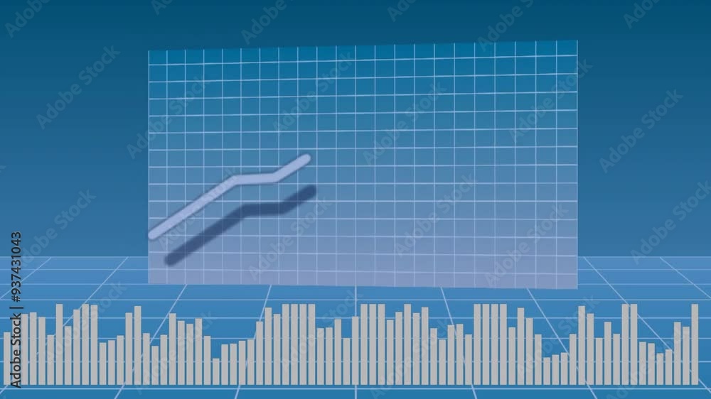 Poster rising bar chart and line graph animation over blue grid background