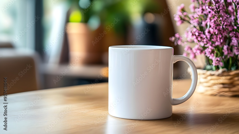 Aufkleber plain white ceramic mug placed on a clean simple table surface providing ample copyspace for a custo