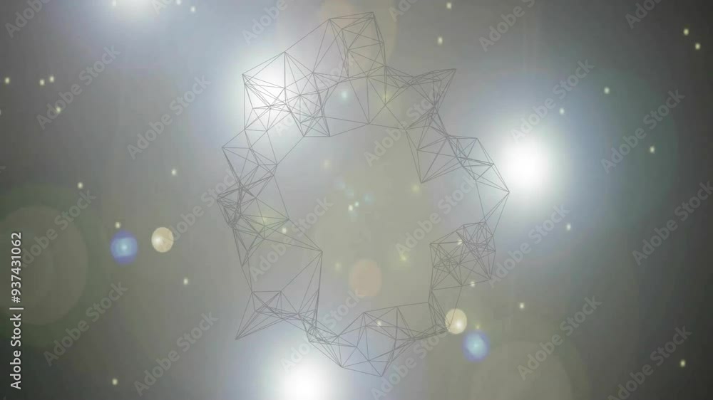 Poster geometric wireframe structure and glowing lights animation over dark background