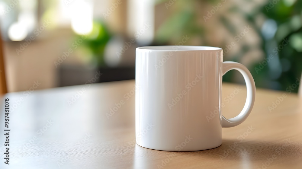 Aufkleber minimalist white ceramic mug placed on a clean simple tabletop surface ample copy space available fo