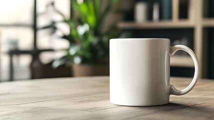 Fototapeta premium Plain White Ceramic Mug Placed on a Clean and Simple Tabletop Surface Ideal for Product Mockup Logo Placement and Custom Branding Designs