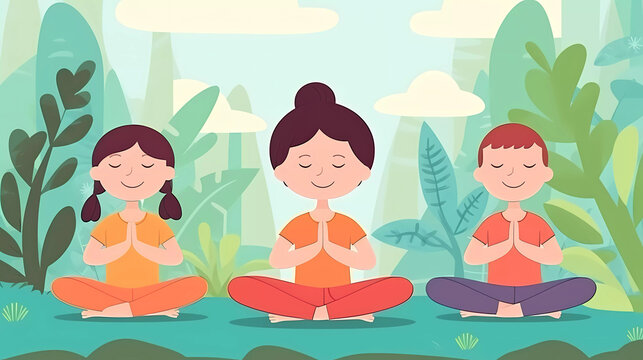 Children sitting in lotus pose doing yoga meditation in the nature.Kid mindfulness.