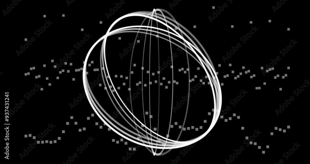 Poster rotating wireframe sphere with floating particles animation on black background
