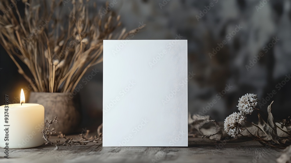 Poster elegant and minimalist blank greeting card standing upright on a desk surface with decorative elemen