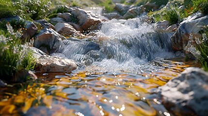 A serene stream flows over smooth rocks, surrounded by lush greenery and flowers, creating a peaceful natural scene.