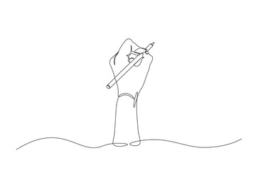 Hand holding pencil continuous one line drawing. Hand writing with pencil single line art illustration. Editable vector.