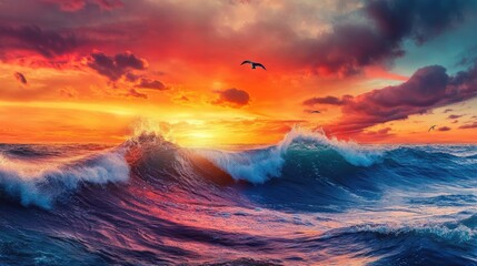 Vibrant ocean wave crashing with dynamic motion blur, colorful sunset sky in vivid reds, oranges, and blues, with birds in flight