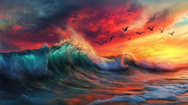 Vibrant ocean wave crashing with dynamic motion blur, colorful sunset sky in vivid reds, oranges, and blues, with birds in flight