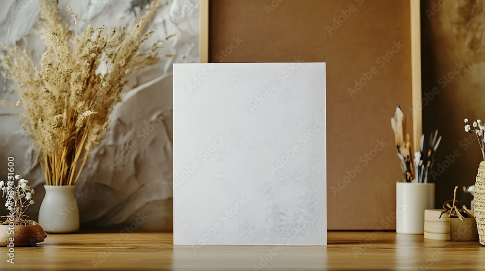 Poster blank upright greeting card standing on an office desk with decorative elements surrounding it leavi