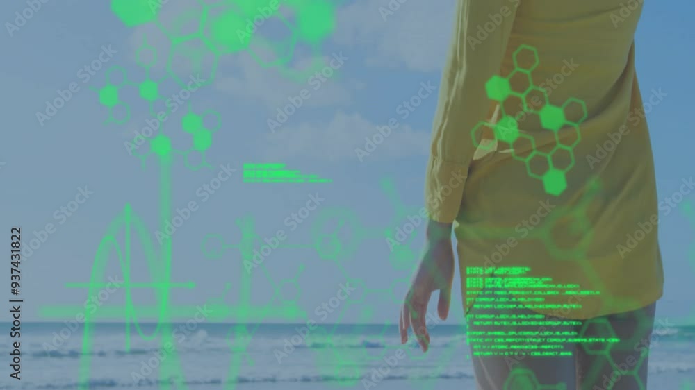 Poster green hexagonal patterns and data processing animation over person standing outdoors