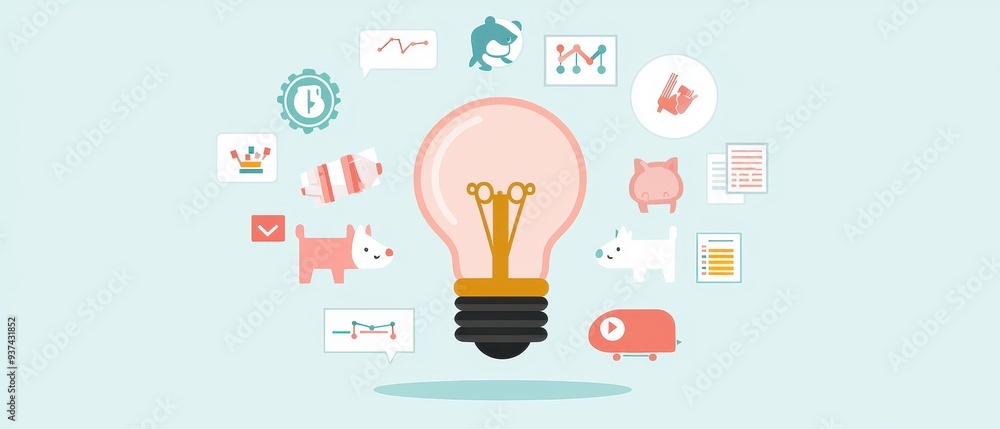 Poster light bulb with colorful icons and graphic design elements
