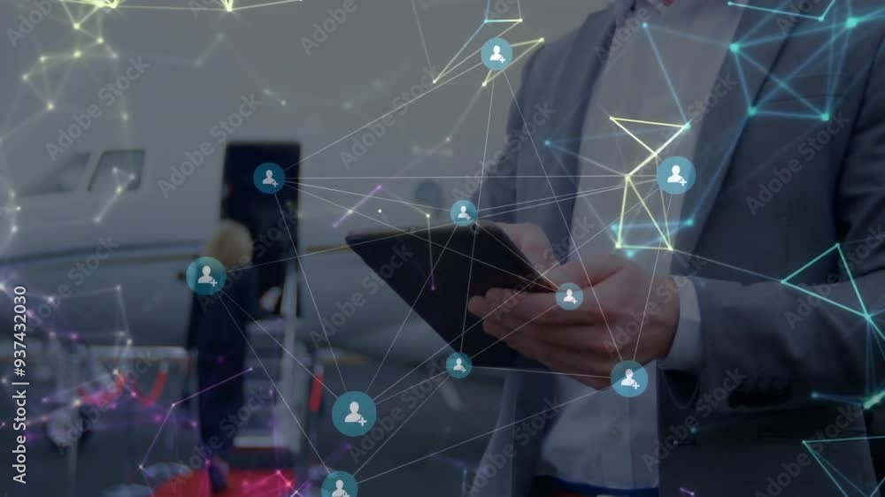 Poster using tablet at airport, businessperson with network connections and data processing animation