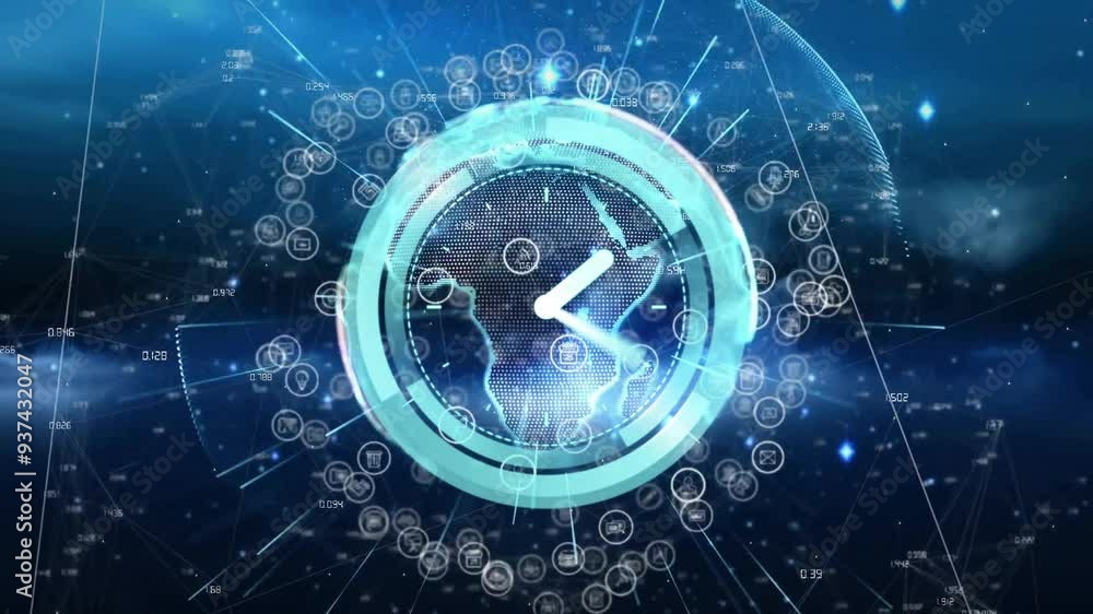 Poster animating digital clock and network connections over world map