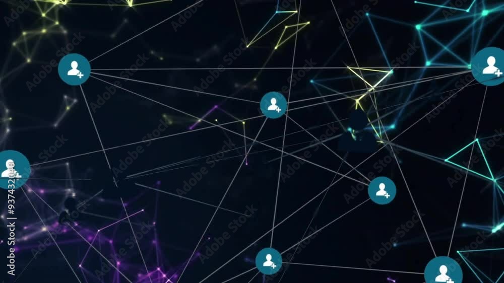 Poster animating user icons and network connections over dark background with colorful lines