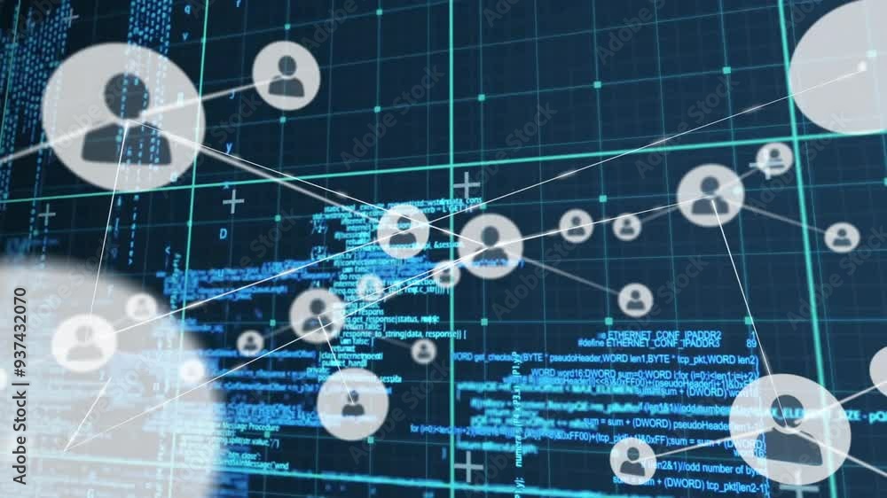 Poster network connections and user icons animation over digital data and coding background