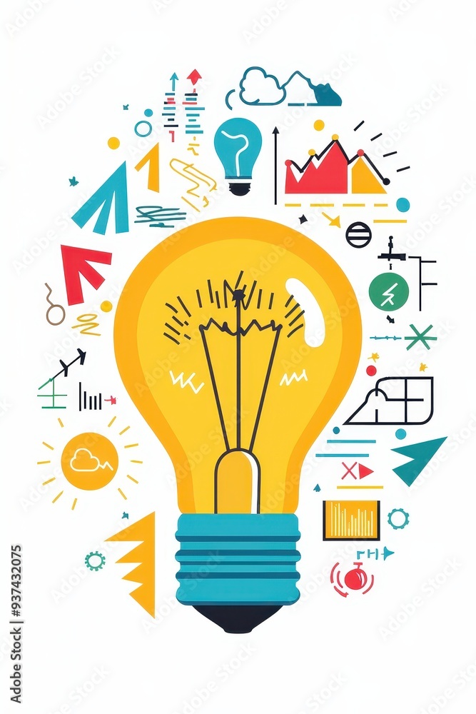 Poster lightbulb idea concept illustration with chart graph and arrows