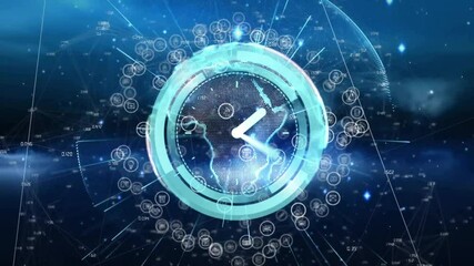 Animating digital clock and network connections over world map - Powered by Adobe