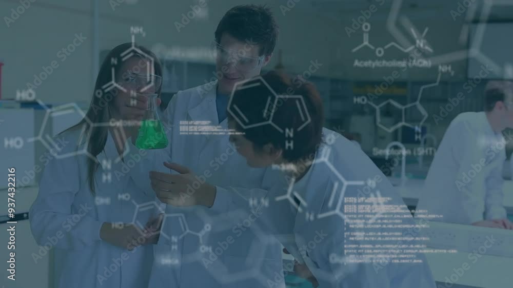 Aufkleber chemical formulas and molecular structures animation over scientists in laboratory