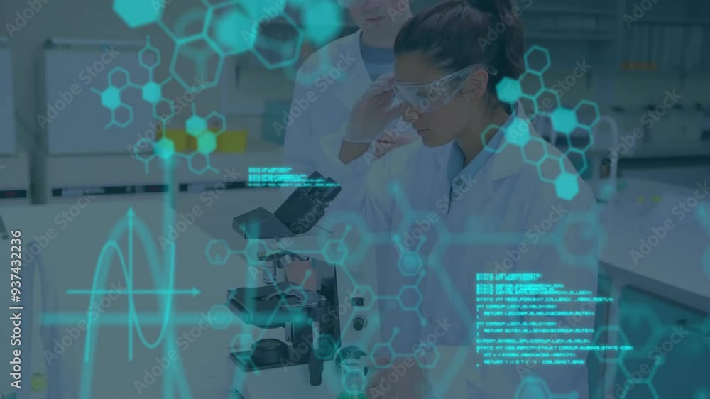 Poster working with microscope, scientists analyzing data and molecular structures animation