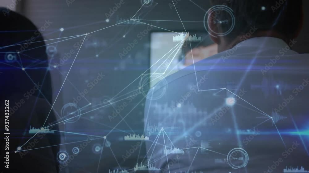 Poster network of connections and data processing animation over person working on computer