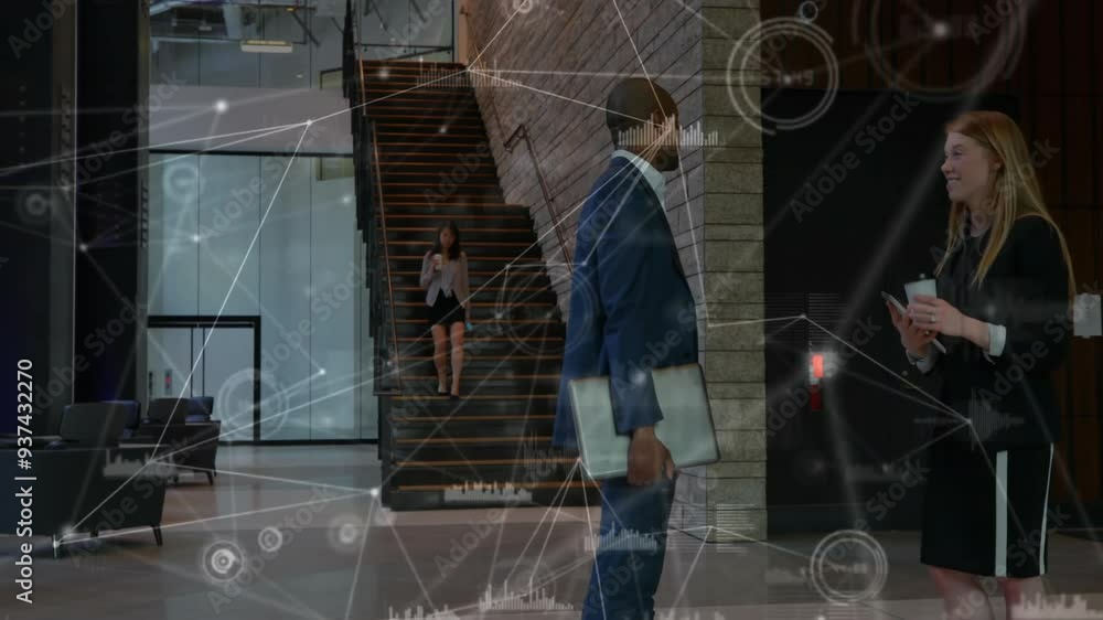 Poster data processing animation over business people networking in modern office