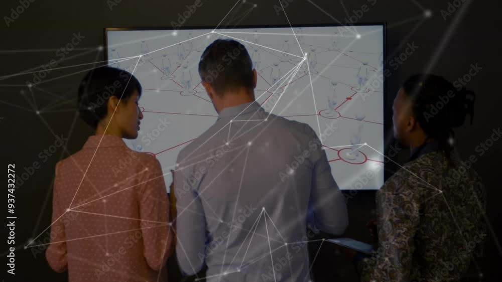Poster discussing on screen, business people with network connections and data processing animation