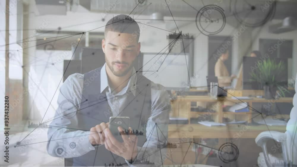 Poster using smartphone, man in office with network connections animation over workspace
