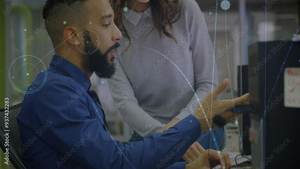 Poster explaining data to colleague, businessman with digital network animation in office