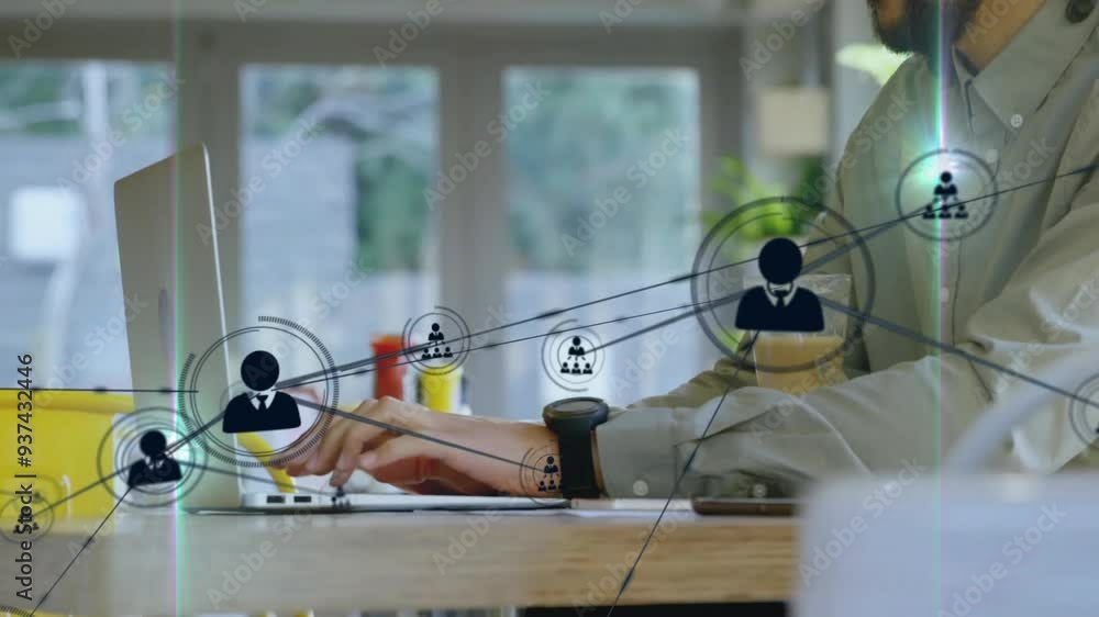 Poster network of connections and data processing animation over person working on laptop