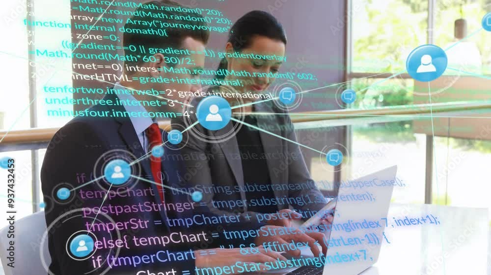 Poster working on laptops, business professionals with network connections and coding animations