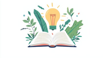 Open Book with Light Bulb and Leaves   Knowledge  Ideas  Inspiration  Education  Growth